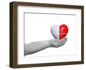 Red and White Human Heart Sign or Symbol with Pulse Held in Human Man or Woman Hands-bestdesign36-Framed Photographic Print
