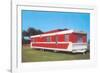 Red and White Travel Trailer-Found Image Press-Framed Photographic Print