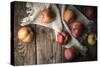 Red Apples and Towel on the Old Boards Horizontal-Denis Karpenkov-Stretched Canvas