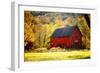 Red Barn and Autumn Foliage, Kent, Connecticut.-Sabine Jacobs-Framed Photographic Print