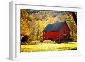 Red Barn and Autumn Foliage, Kent, Connecticut.-Sabine Jacobs-Framed Photographic Print