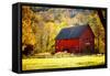 Red Barn and Autumn Foliage, Kent, Connecticut.-Sabine Jacobs-Framed Stretched Canvas