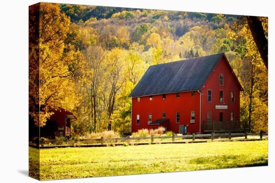 Red Barn and Autumn Foliage, Kent, Connecticut.-Sabine Jacobs-Stretched Canvas