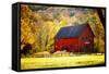 Red Barn and Autumn Foliage, Kent, Connecticut.-Sabine Jacobs-Framed Stretched Canvas