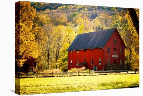 Red Barn and Autumn Foliage, Kent, Connecticut.-Sabine Jacobs-Stretched Canvas