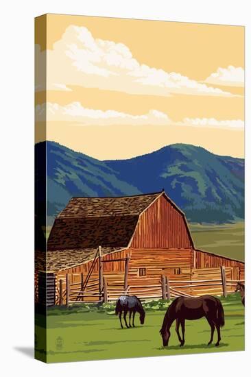 Red Barn and Horses-Lantern Press-Stretched Canvas