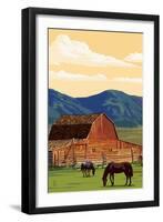 Red Barn and Horses-Lantern Press-Framed Art Print