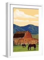 Red Barn and Horses-Lantern Press-Framed Art Print