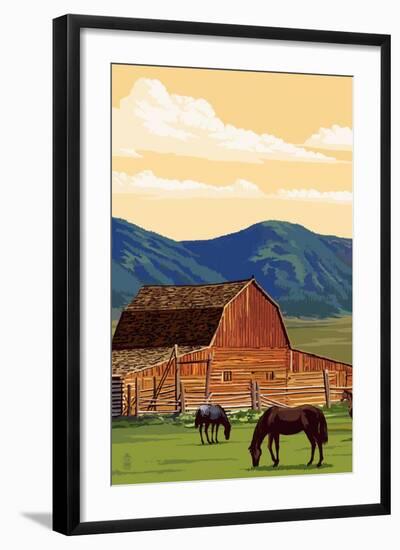 Red Barn and Horses-Lantern Press-Framed Art Print