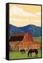 Red Barn and Horses-Lantern Press-Framed Stretched Canvas