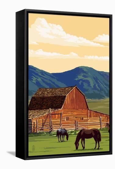 Red Barn and Horses-Lantern Press-Framed Stretched Canvas