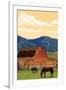 Red Barn and Horses-Lantern Press-Framed Art Print