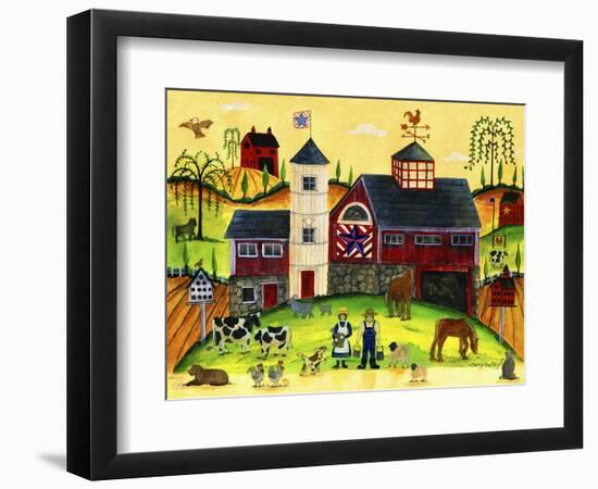 Red Barn Farmyard Folk Art-Cheryl Bartley-Framed Premium Giclee Print