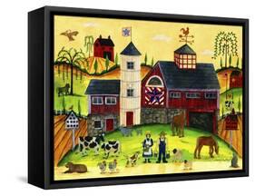 Red Barn Farmyard Folk Art-Cheryl Bartley-Framed Stretched Canvas