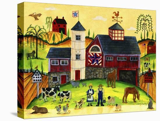 Red Barn Farmyard Folk Art-Cheryl Bartley-Stretched Canvas