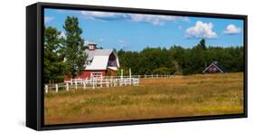 Red barn in meadow, Knowlton, Quebec, Canada-null-Framed Stretched Canvas