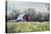 Red Barn in the Fog-Jai Johnson-Stretched Canvas
