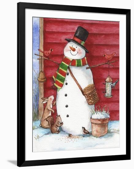 Red Barn Snowman with Friends-Melinda Hipsher-Framed Giclee Print