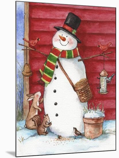 Red Barn Snowman with Friends-Melinda Hipsher-Mounted Giclee Print