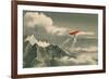 Red Biplane Flying over Mountain,Illustration,Digital Painting-Tithi Luadthong-Framed Art Print