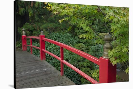 Red Bridge, Kubota Japanese Garden, Renton, Washington, USA-Merrill Images-Stretched Canvas