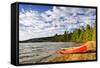 Red Canoe on Beach at Lake of Two Rivers, Ontario, Canada-elenathewise-Framed Stretched Canvas