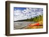 Red Canoe on Beach at Lake of Two Rivers, Ontario, Canada-elenathewise-Framed Photographic Print