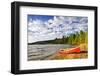 Red Canoe on Beach at Lake of Two Rivers, Ontario, Canada-elenathewise-Framed Photographic Print