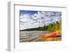 Red Canoe on Beach at Lake of Two Rivers, Ontario, Canada-elenathewise-Framed Photographic Print