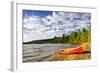 Red Canoe on Beach at Lake of Two Rivers, Ontario, Canada-elenathewise-Framed Photographic Print