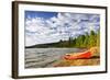 Red Canoe on Beach at Lake of Two Rivers, Ontario, Canada-elenathewise-Framed Photographic Print