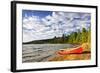 Red Canoe on Beach at Lake of Two Rivers, Ontario, Canada-elenathewise-Framed Photographic Print