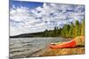 Red Canoe on Beach at Lake of Two Rivers, Ontario, Canada-elenathewise-Mounted Photographic Print