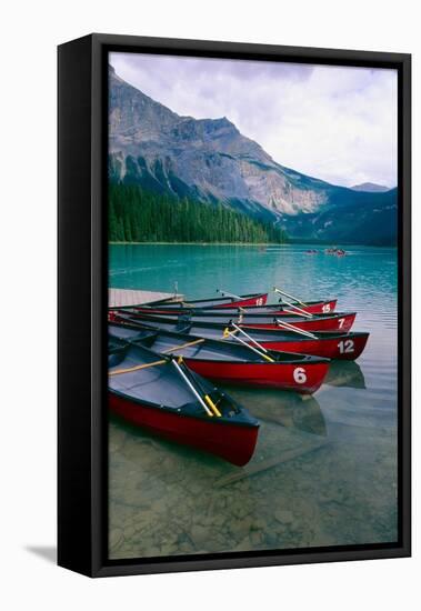 Red Canoes On Emerald Lake, British Columbia-George Oze-Framed Stretched Canvas