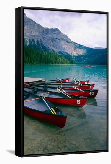 Red Canoes On Emerald Lake, British Columbia-George Oze-Framed Stretched Canvas