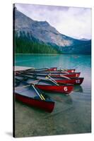 Red Canoes On Emerald Lake, British Columbia-George Oze-Stretched Canvas