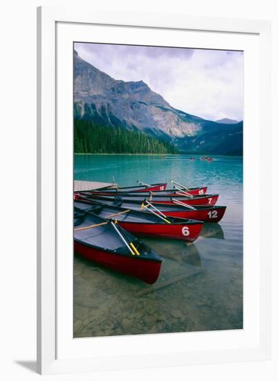 Red Canoes On Emerald Lake, British Columbia-George Oze-Framed Photographic Print