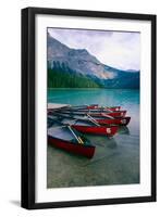 Red Canoes On Emerald Lake, British Columbia-George Oze-Framed Photographic Print