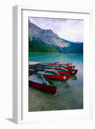 Red Canoes On Emerald Lake, British Columbia-George Oze-Framed Photographic Print