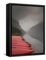 Red Canoes on Lake Louise, Banff National Park, Alberta, Canada-Walter Bibikow-Framed Stretched Canvas