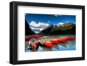 Red Canoes Scenic Lake Louise-null-Framed Art Print