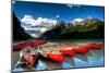 Red Canoes Scenic Lake Louise-null-Mounted Art Print
