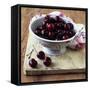 Red Cherries in a Colander on an Old Wooden Chopping Board-Michael Paul-Framed Stretched Canvas