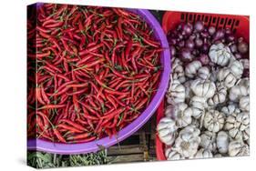 Red Chillies, Onions, and Garlic for Sale at Fresh Food Market in Chau Doc-Michael Nolan-Stretched Canvas