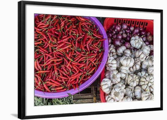 Red Chillies, Onions, and Garlic for Sale at Fresh Food Market in Chau Doc-Michael Nolan-Framed Photographic Print