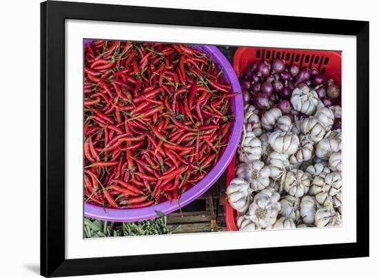 Red Chillies, Onions, and Garlic for Sale at Fresh Food Market in Chau Doc-Michael Nolan-Framed Photographic Print