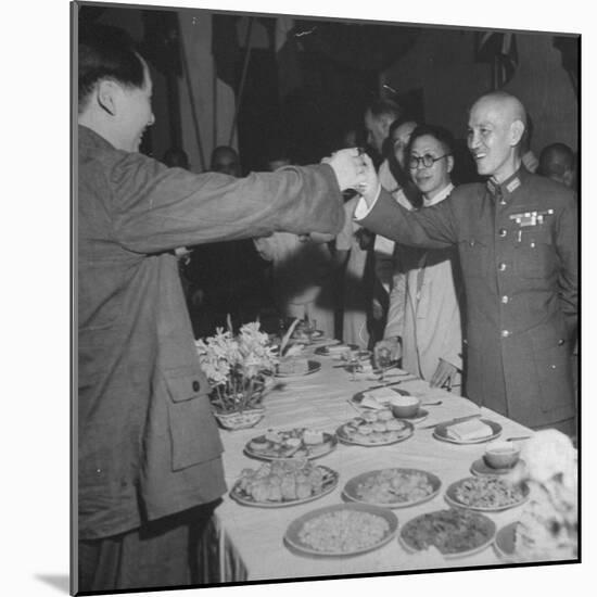 Red Chinese Leader Mao Tse Tung and Chiang Kai Shek Toasting One Another-null-Mounted Photographic Print