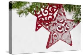 Red Christmas Star with Snow-Cora Niele-Stretched Canvas