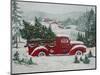 Red Christmas Truck Transports Christmas Trees through a Snowy Winter Landscape-Renate Holzner-Mounted Photographic Print