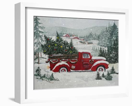 Red Christmas Truck Transports Christmas Trees through a Snowy Winter Landscape-Renate Holzner-Framed Photographic Print